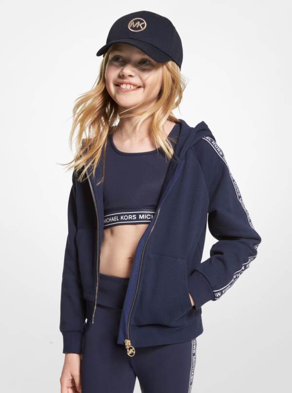 Detske Mikiny S Kapucňou Michael Kors Girls Logo Tape Cotton Zip-Up Námornícka Modrá - Oblecenie Michael Kors Obchod | YUHWI-3607